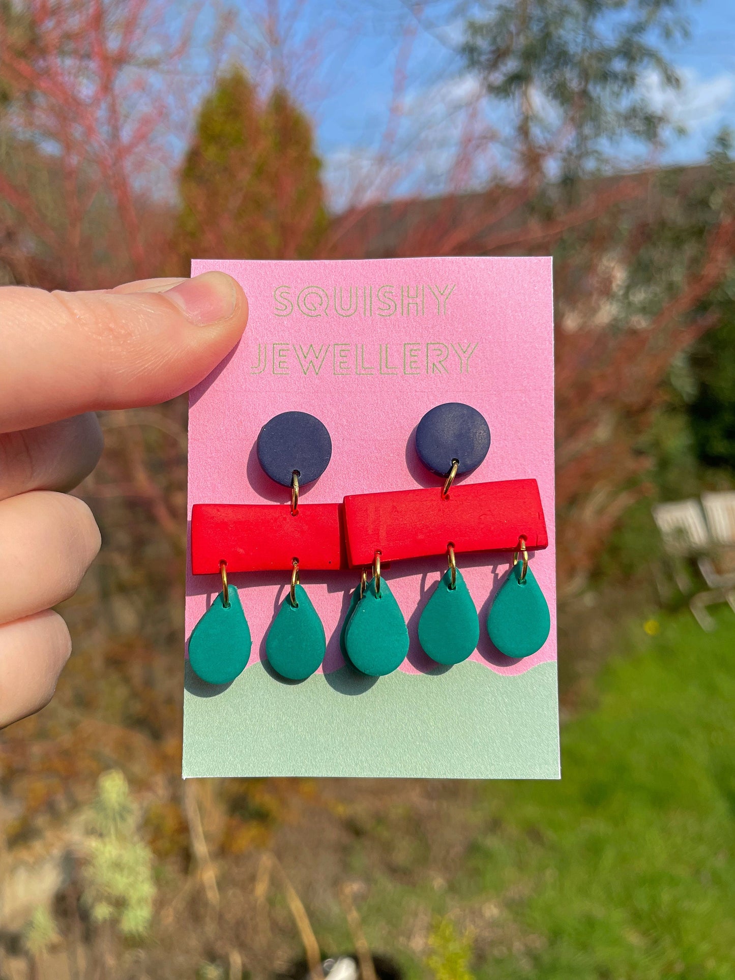 Navy, Green & Red Midcentury Raindrop Earrings – Retro Polymer Clay Earrings | Handmade Statement Earrings Colourful Alt Memphis Jewellery