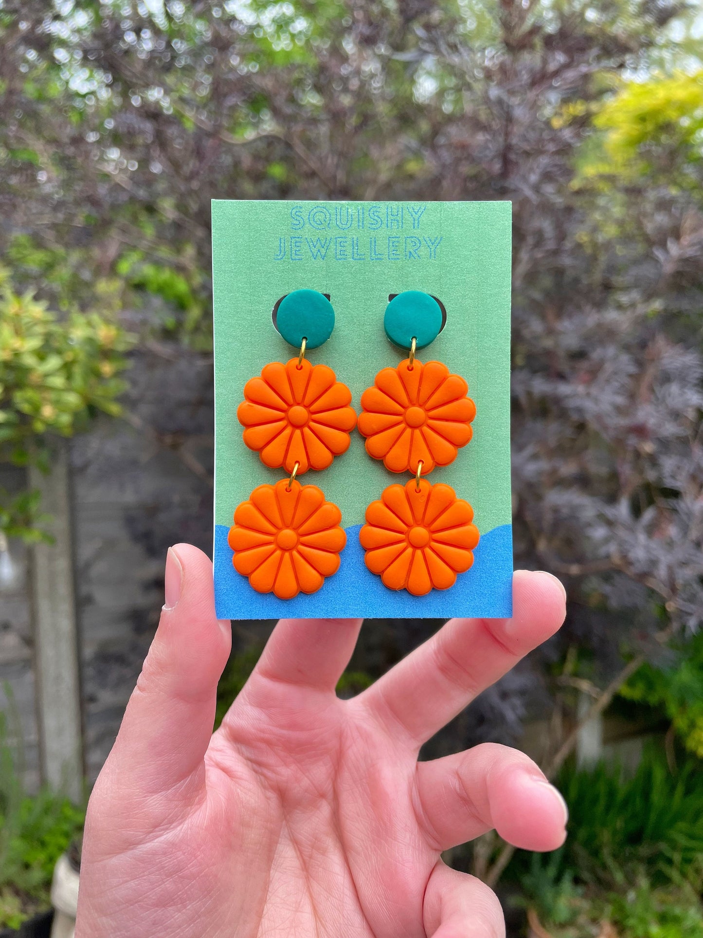 Orange & Green 60's/70's Flower Power Boho Hippie Daisy Vintage Costume Coquette Psychedelic Polymer Clay Drop Stud Earrings.
