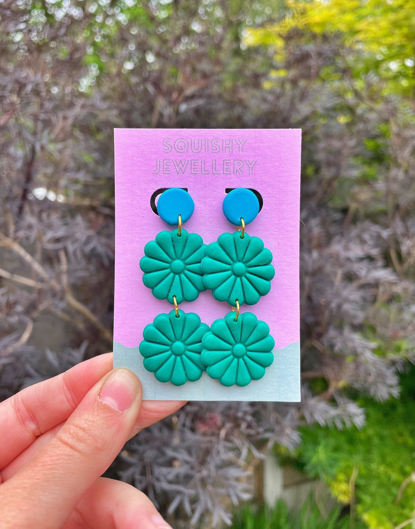 Teal & Blue Retro 60's/70's Flower Power Boho Hippie Daisy Vintage Costume Coquette Psychedelic Polymer Clay Drop Stud Earrings