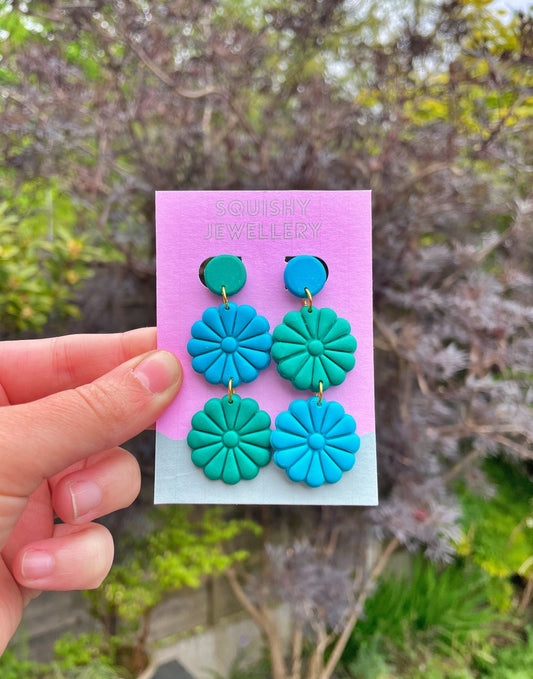 Teal & Blue Mismatched Retro 60's/70's Flower Boho Daisy Coquette Cottagecore Hippie Vintage Costume Psychedelic Polymer Clay Drop Earrings