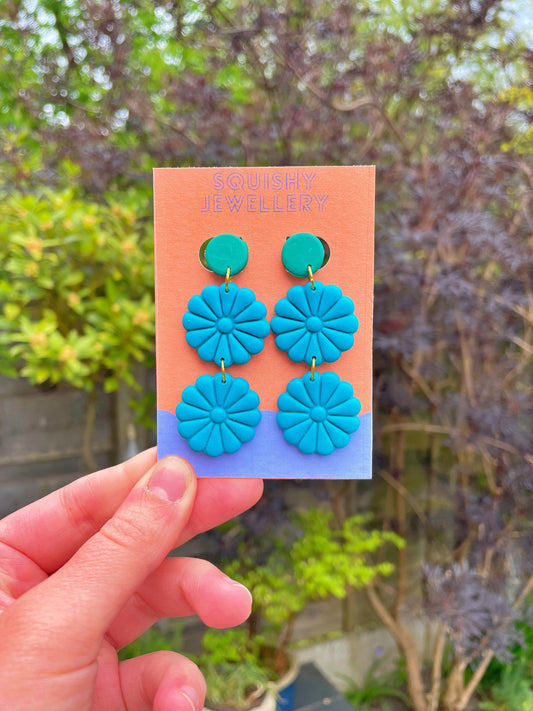 Blue & Green Flower Power Earrings Handmade 60s/70s Inspired Polymer Clay Drops Retro Boho Hippie Daisy Statement Jewelry Costume Accessory
