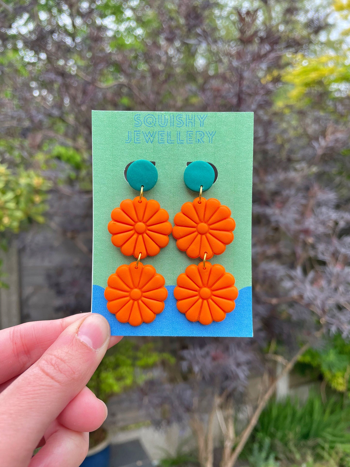 Orange & Green 60's/70's Flower Power Boho Hippie Daisy Vintage Costume Coquette Psychedelic Polymer Clay Drop Stud Earrings.