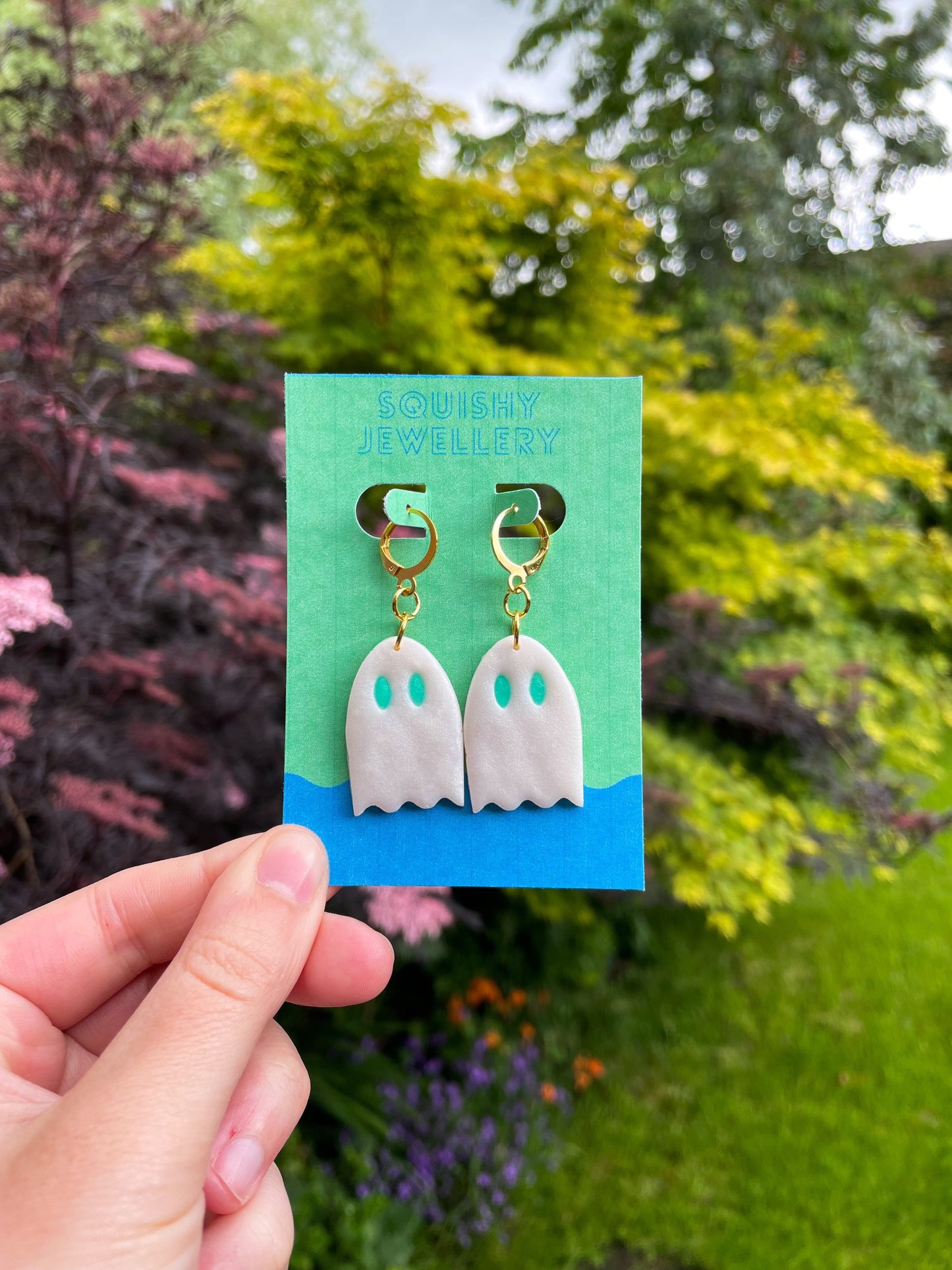 Mother of Pearl White Spooky Ghost Earrings Acrylic Statement Studs | Halloween Jewellery, Ghostcore Aesthetic, Lightweight Alt Accessories