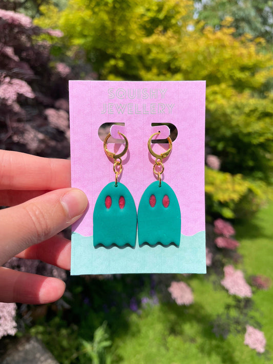 Emerald Green & Red Ghost Polymer Clay Phoebe Bridgers Hoop Kawaii Ghost Cute Ghost Whimsygoth Gift Emo Grunge Alt Goth Earrings