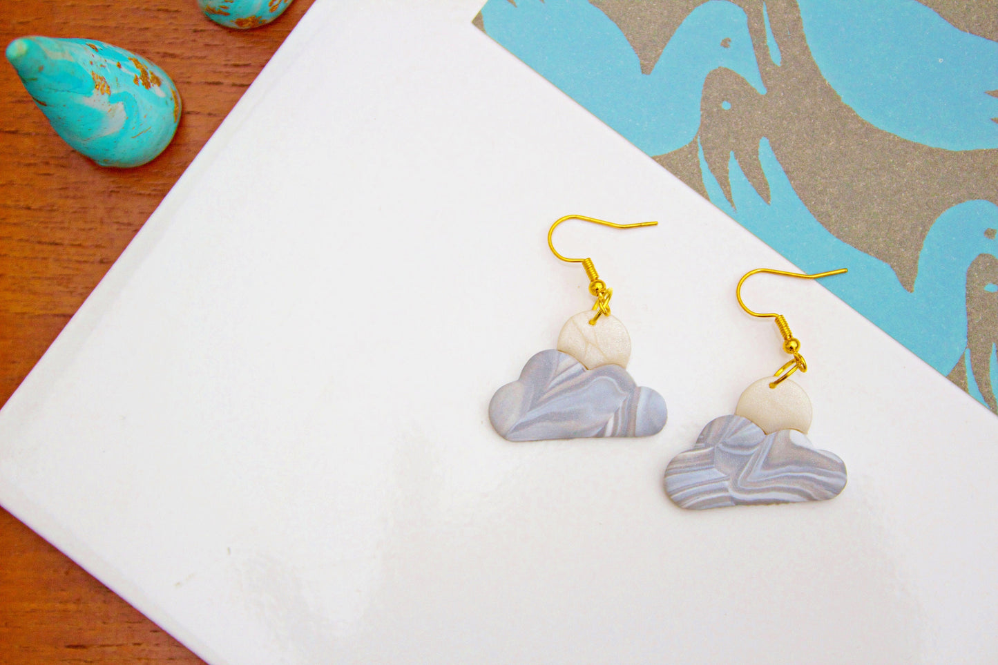 Marbled Polymer Clay Cloudy Moon Earrings Soft Gothic Crescent Statement Studs | Celestial Jewellery, Handmade Alt Accessories, Witchy Vibes