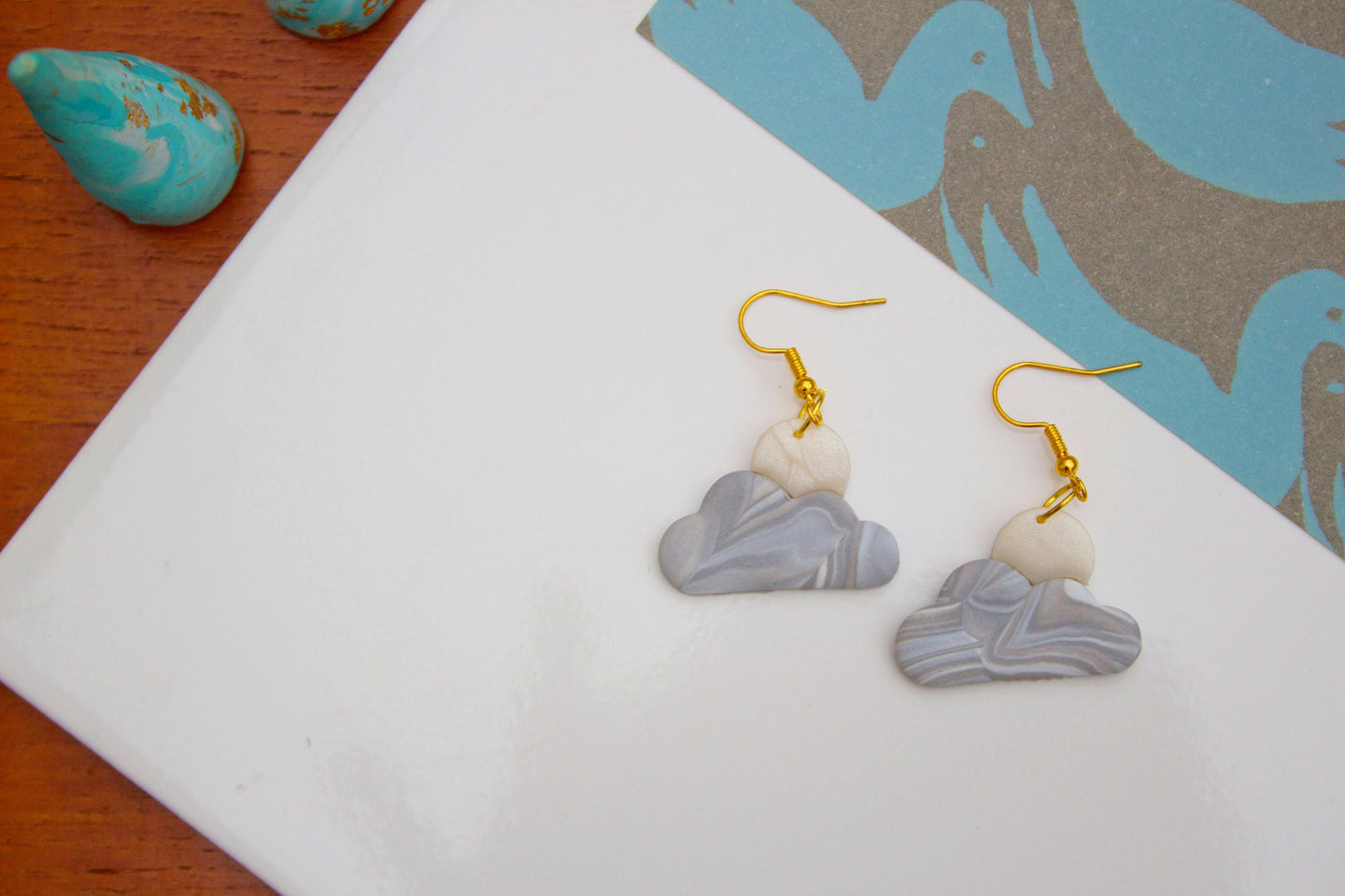 Marbled Polymer Clay Cloudy Moon Earrings Soft Gothic Crescent Statement Studs | Celestial Jewellery, Handmade Alt Accessories, Witchy Vibes