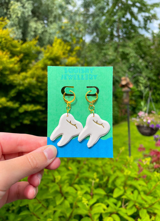 White Tooth Huggie Hoops with Gold Filling | Alt Fashion, Whimsygoth, Medicalcore Earrings, Boygenius, Phoebe Bridgers
