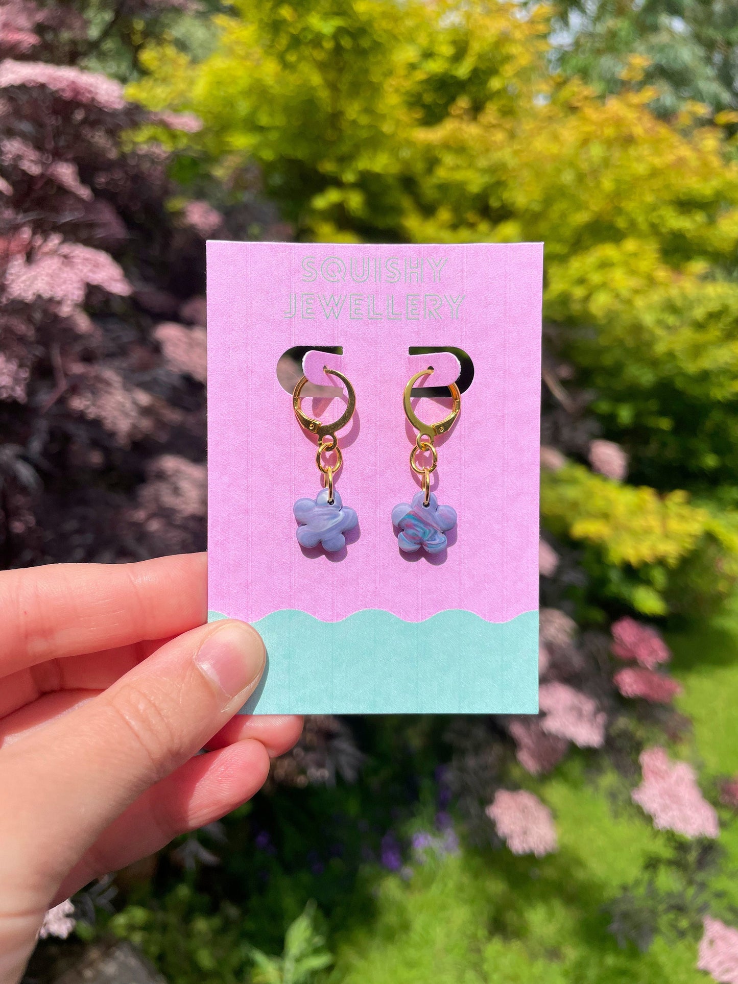 Purple & White Marbled Small Flower Huggie Hoop Polymer Clay Kitsch Earrings