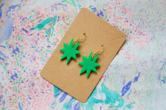 Green Geometric Star Earrings – Lightweight Polymer Clay Statement Jewellery Cross Stitch Kitsch Retro-Inspired Dangles | Handmade in the UK