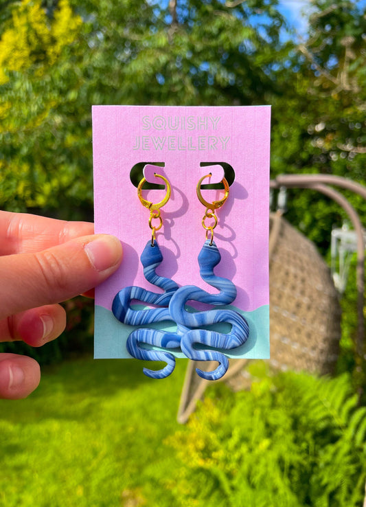 Blue & White Marbled Snake Earrings – Handmade Polymer Clay Huggie Hoops | Alt Fashion, Dopamine Dressing, Serpent Statement Jewellery