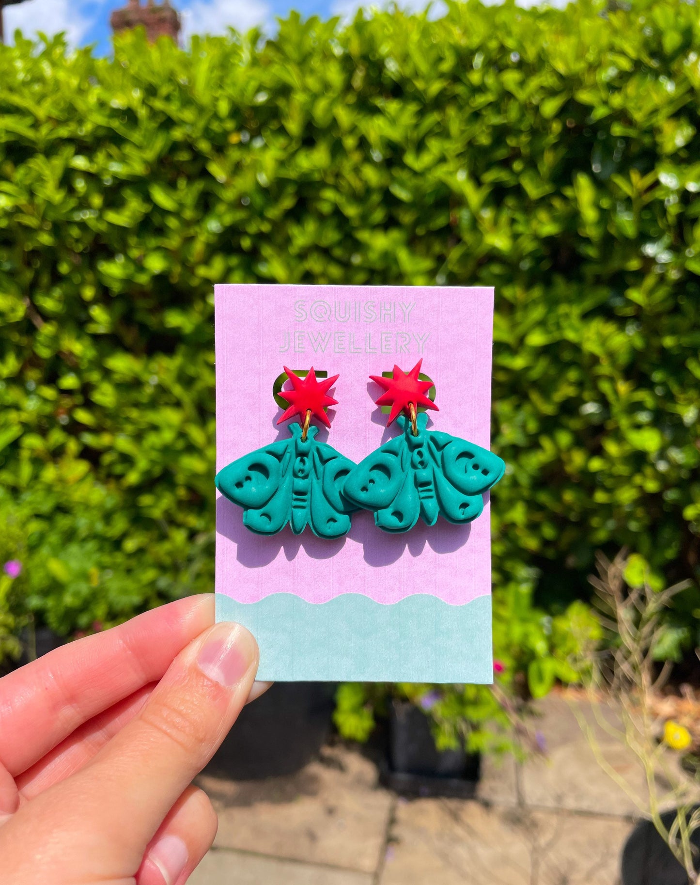 Emerald Green and Red Celestial Moth Moon & Stars KitschPolymer Clay Earrings