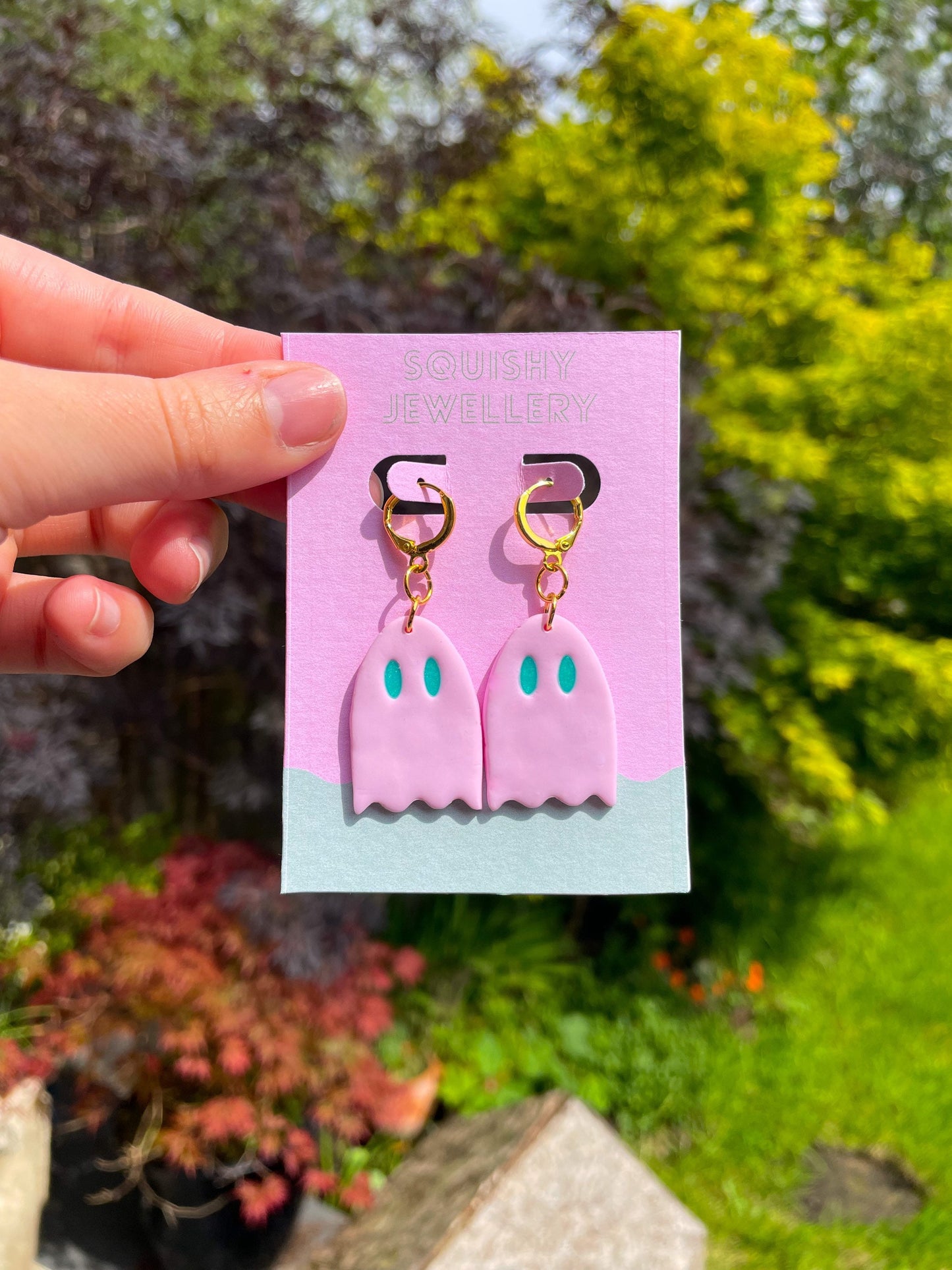 Pink & Green Ghost Polymer Clay Phoebe Bridgers Huggie Hoop Kawaii Ghost Cute Ghost Whimsygoth Gift Emo Grunge Alt Goth Earrings