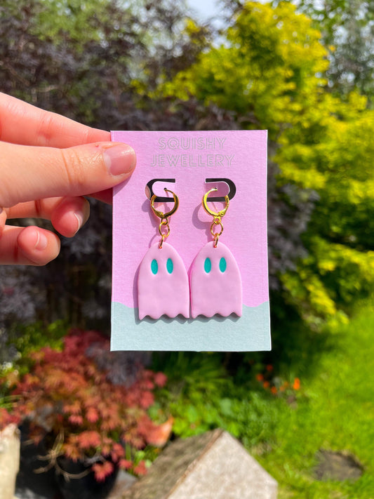 Pink & Green Ghost Polymer Clay Phoebe Bridgers Huggie Hoop Kawaii Ghost Cute Ghost Whimsygoth Gift Emo Grunge Alt Goth Earrings