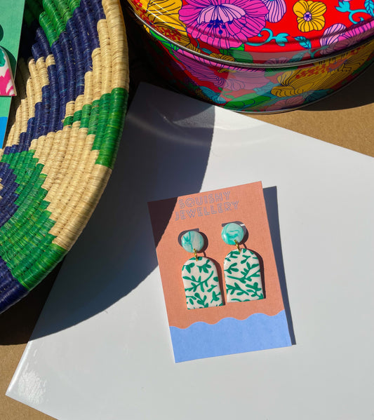 Green & White Porcelain China Print Floral Earrings Cottagecore Inspired Botanical Jewellery Lightweight Statement Earrings | Handmade Gift