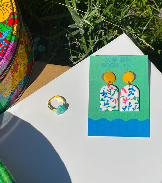 Yellow, Pink, Blue & Green Porcelain China Print Floral Botanical Polymer Clay Arch Drop Earrings