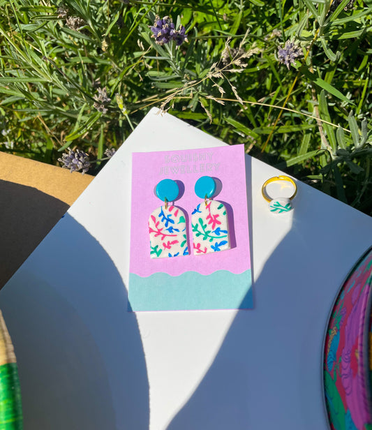 Pink, Blue & Green Porcelain China Print Floral Botanical Polymer Clay Arch Drop Earrings