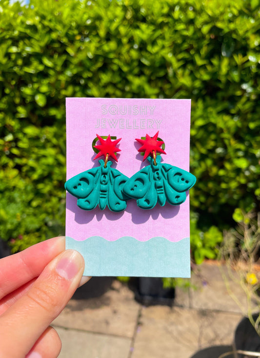 Emerald Green and Red Celestial Moth Moon & Stars KitschPolymer Clay Earrings