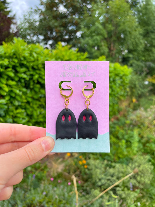 Black & Red Ghost Earrings Handmade Polymer Clay Huggie Hoops | Whimsygoth Jewelry, Phoebe Bridgers Inspired, Spooky Cute Gift, Alt Fashion