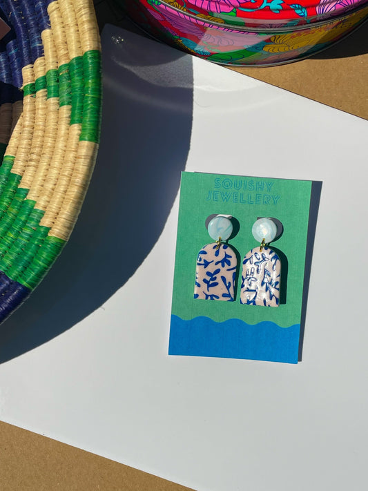 Blue & White Porcelain China Floral Arch Earrings – Polymer Clay Dangles | Cottagecore, Coquette, Y2K Vintage Gift