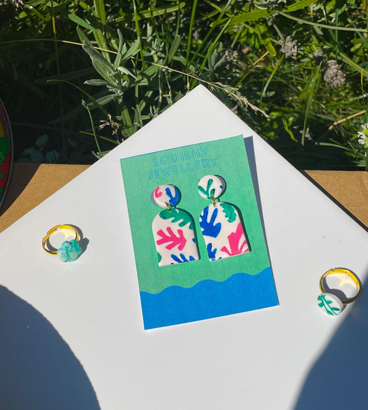Blue Pink Green Matisse Nature Cut Outs Inspired Statement Earrings Lightweight Abstract Polymer Clay Vintage Artsy Gift Dopamine Dressing