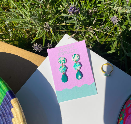 Green & White Teardrop Porcelain Flower Earrings Cottagecore-Inspired Jewellery Handmade Gift for Nature Lovers Vintage Aesthetic Twee Fans