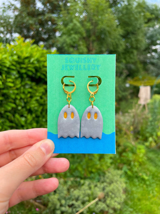 Silver & Gold Ghost Polymer Clay Phoebe Bridgers Huggie Hoop Kawaii Ghost Cute Ghost Whimsygoth Gift Emo Grunge Alt Goth Earrings