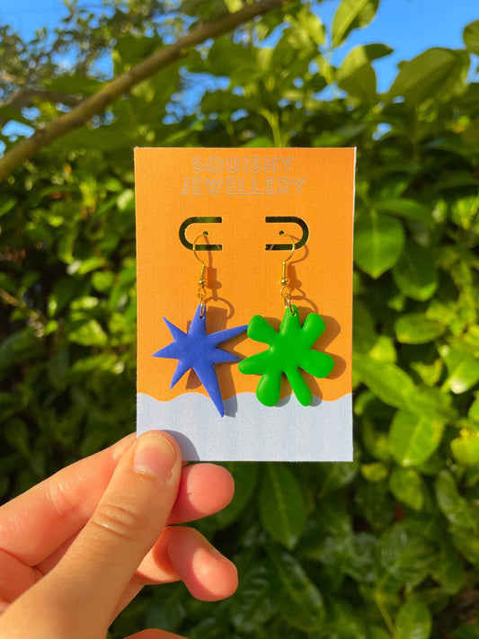 Blue & Green “Kiki Bouba” Maximalist Earrings Linguist Gift, Science Jewellery, Y2K Nerdy Aesthetic, Abstract Sound Symbolism Shapes