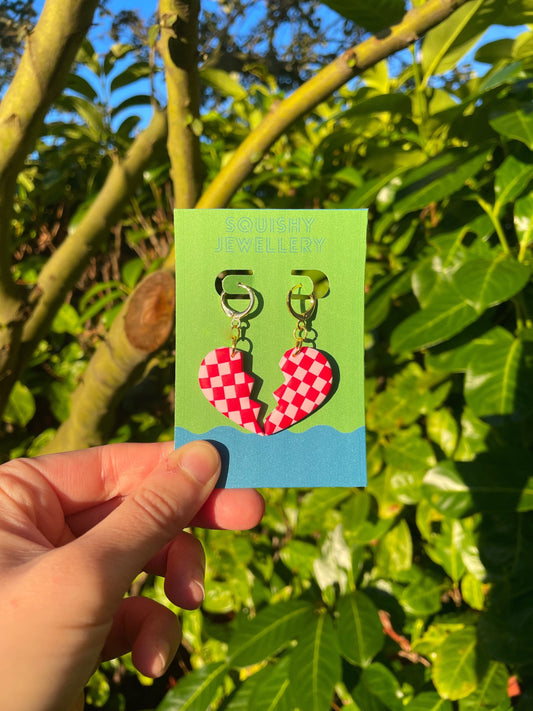 Red & Pink Checkered Heart Huggie Hoop Kitsch 90s Valentines Day Earrings