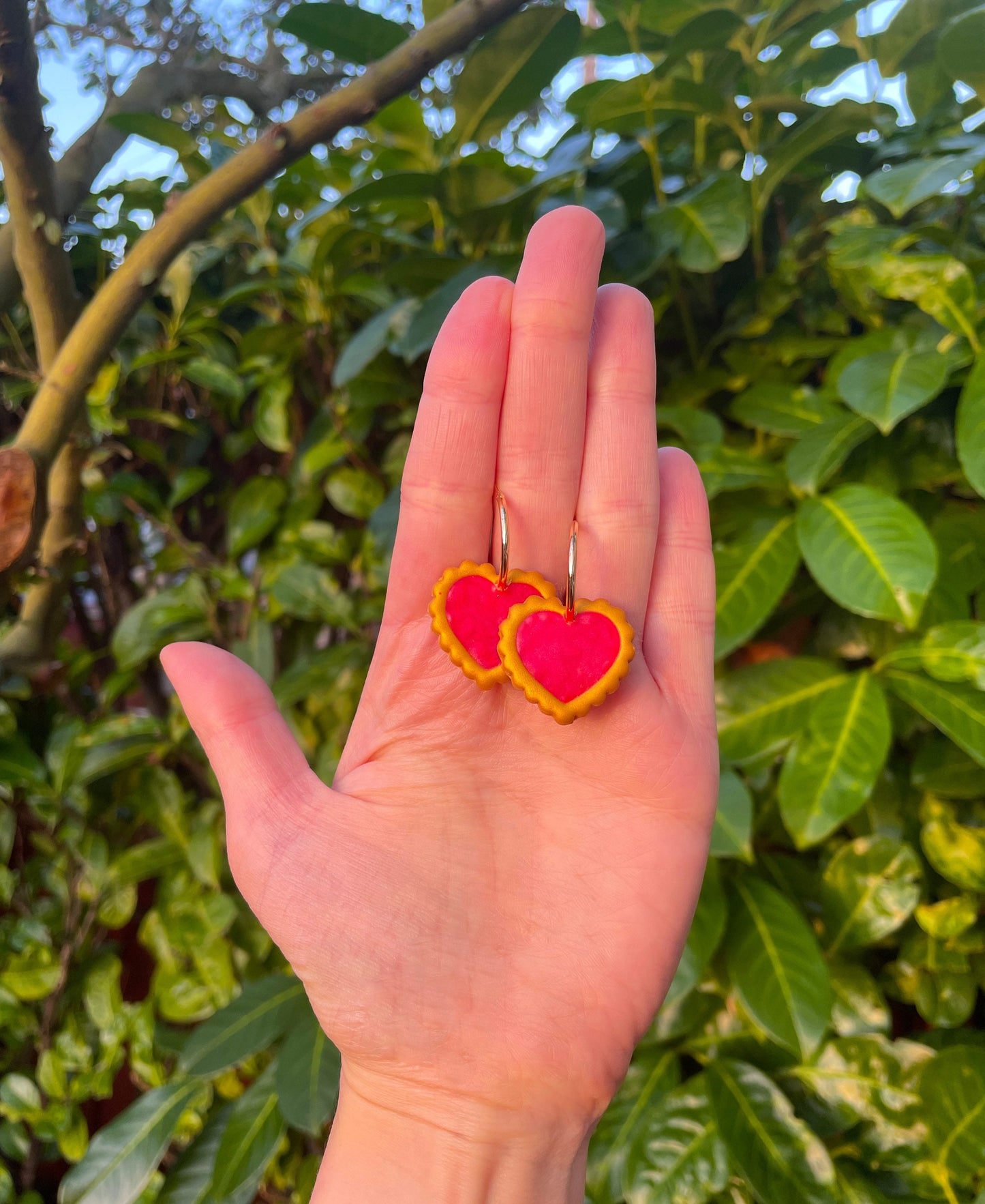 Red & Gold Frilly Heart Hoop Charm Kitsch 90s Valentines Day Gold Plated Earrings