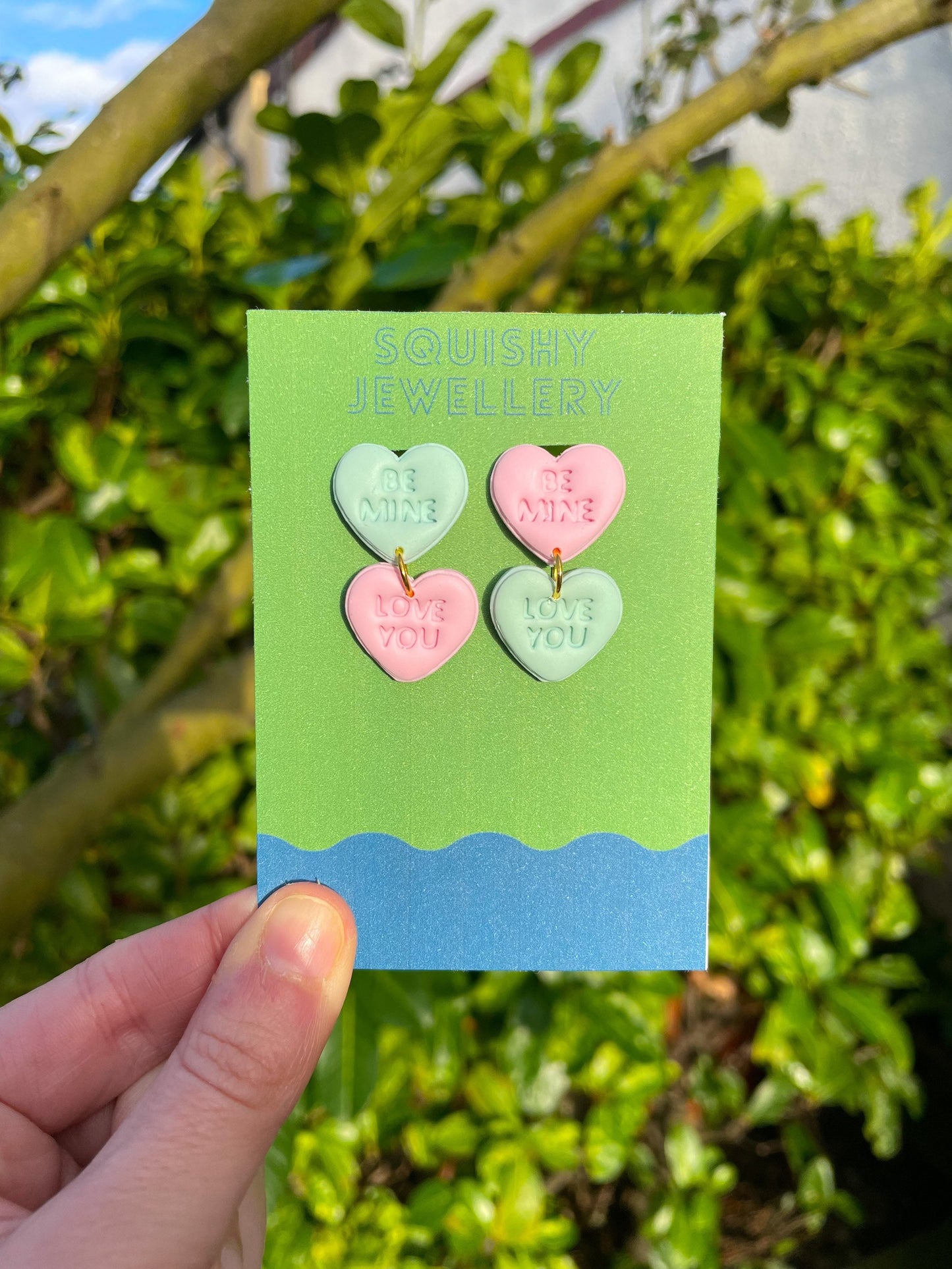 Pink & Blue Candy Love Hearts Valentines Day Kitsch Coquette Stud Gold Plated Polymer Clay Earrings