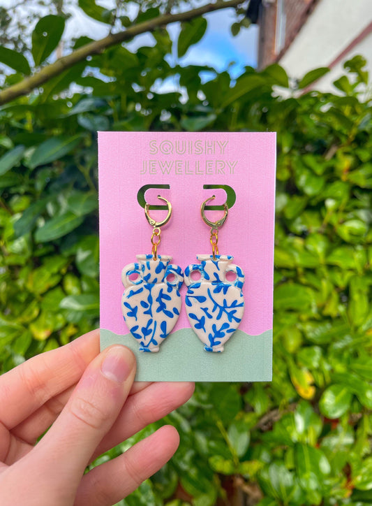 Blue & White China Vase Earrings – Handmade Polymer Clay Huggie Hoops | Chinoiserie-Inspired Kitsch Jewelry Cottagecore Gift for Her