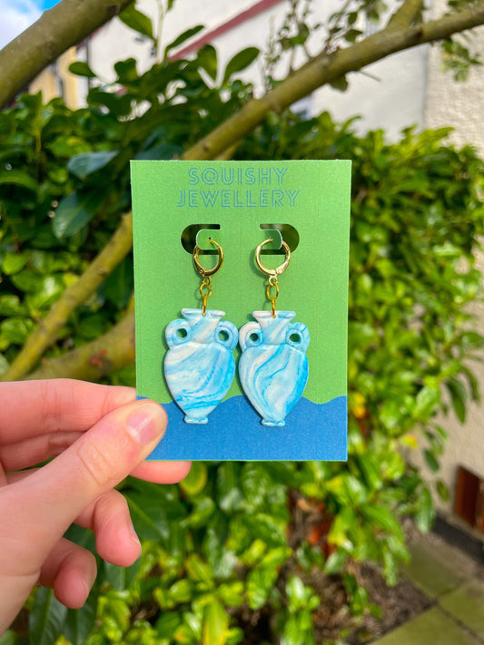 Light Blue Marbled Vase Earrings – Polymer Clay Pot Earrings Handmade Statement Studs for Art Lovers & Cottagecore Style