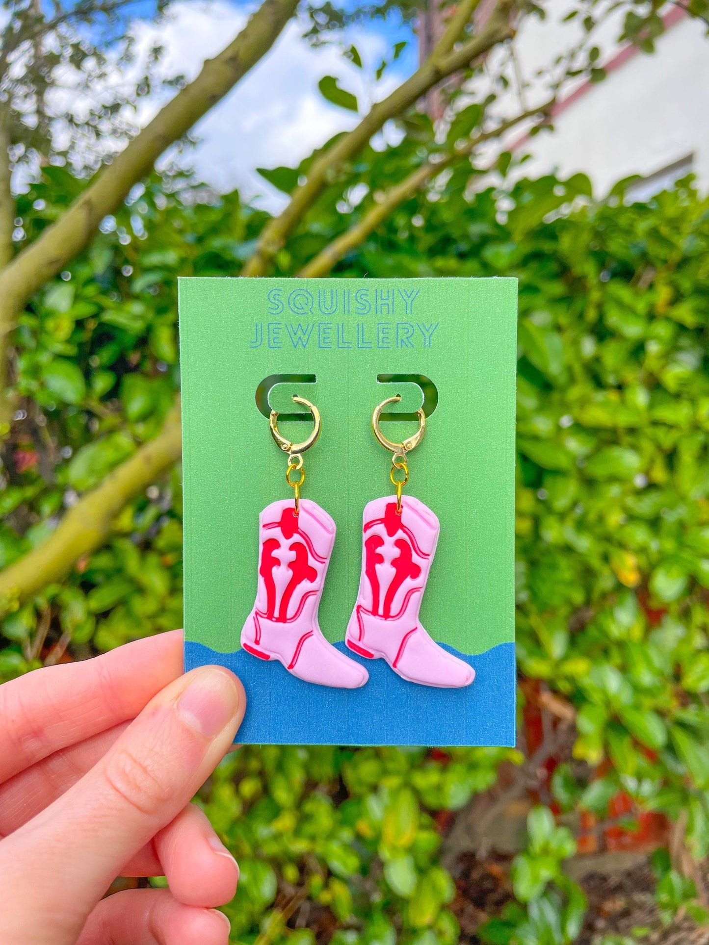 Pink & Red Cowboy Boot Retro Kitsch Mid Western Barbie Polymer Clay Handpainted Chappell Roan Camp Queer Huggie Hoop Earrings