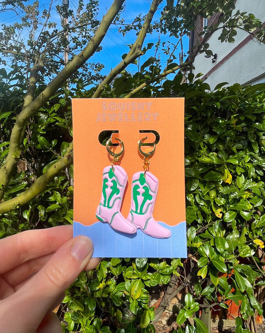 Pink & Green Cowboy Boot Retro Kitsch Western Barbie Polymer Clay Country Chappell Roan Handpainted Huggie Hoop Earrings