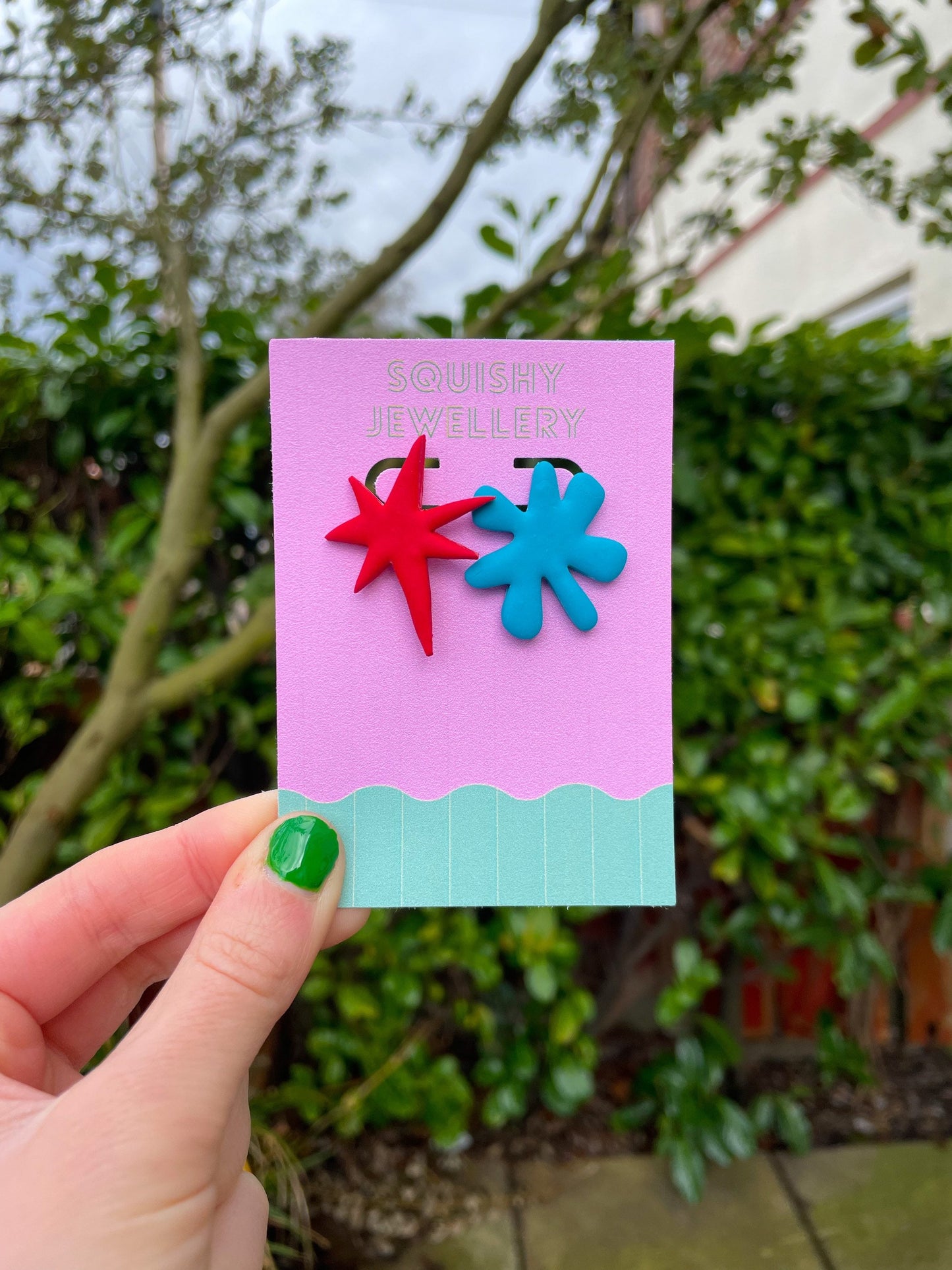 Red and Blue "Kiki & Bouba" Stud Linguist Polymer Clay Kitsch Dopamine Watermelon Academic Abstract Bright Jazzy Nerdy Geeky Earrings