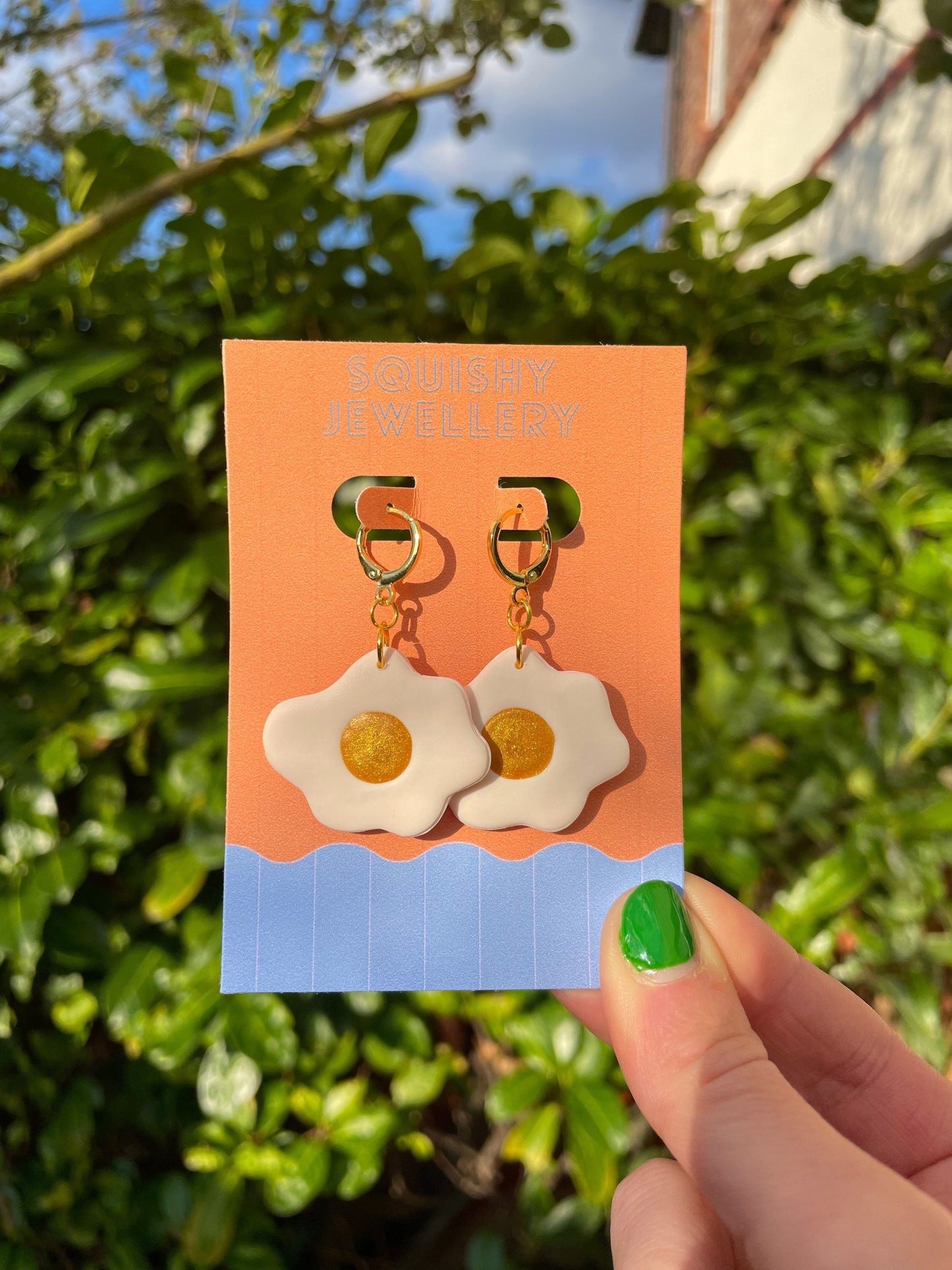 White & Gold Fried Egg Huggie Hoop Kitsch Polymer Clay Earrings