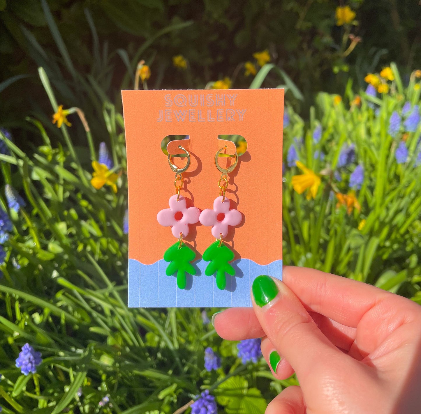 Pink and Green Flower & Leaf Abstract Spring Huggie Hoop Kitsch Polymer Clay Earrings