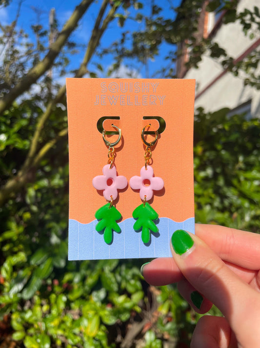 Pink and Green Flower & Leaf Abstract Spring Huggie Hoop Kitsch Polymer Clay Earrings