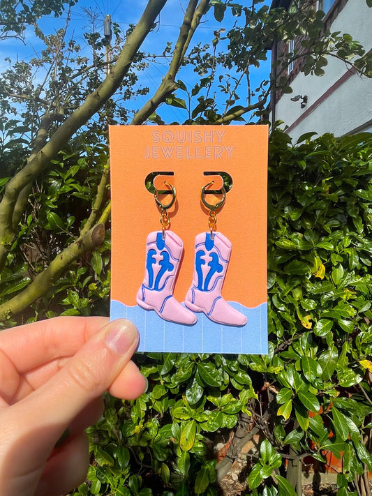 Pink & Blue Cowboy Boot Retro Kitsch Western Barbie Polymer Clay Country Chappell Roan Handpainted Huggie Hoop Earrings