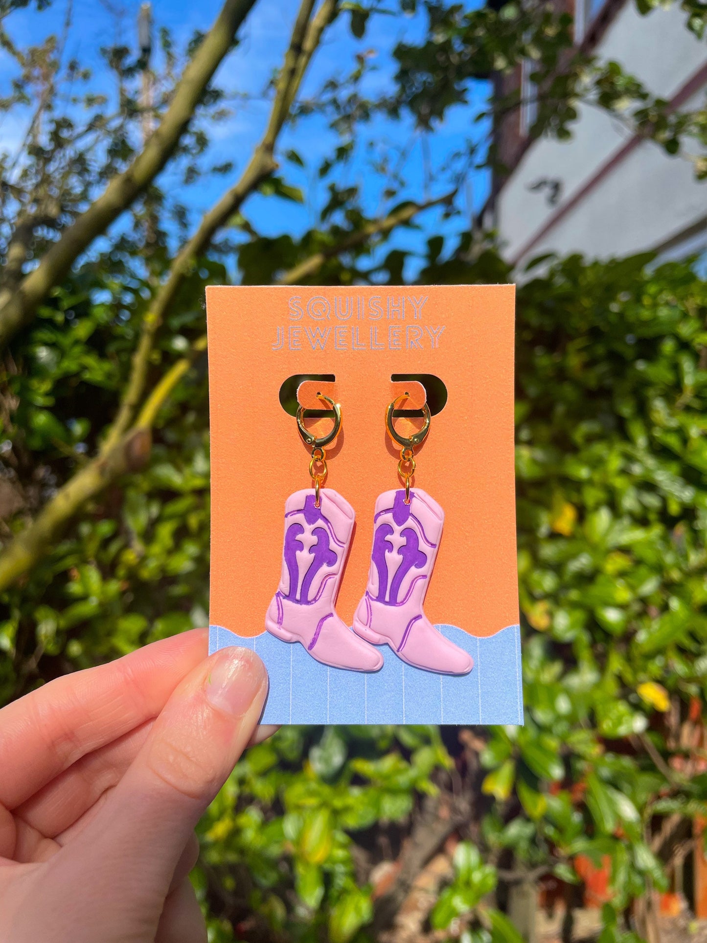 Pink & Purple Cowboy Boot Retro Kitsch Western Barbie Polymer Clay Country Chappell Roan Handpainted Huggie Hoop Earrings