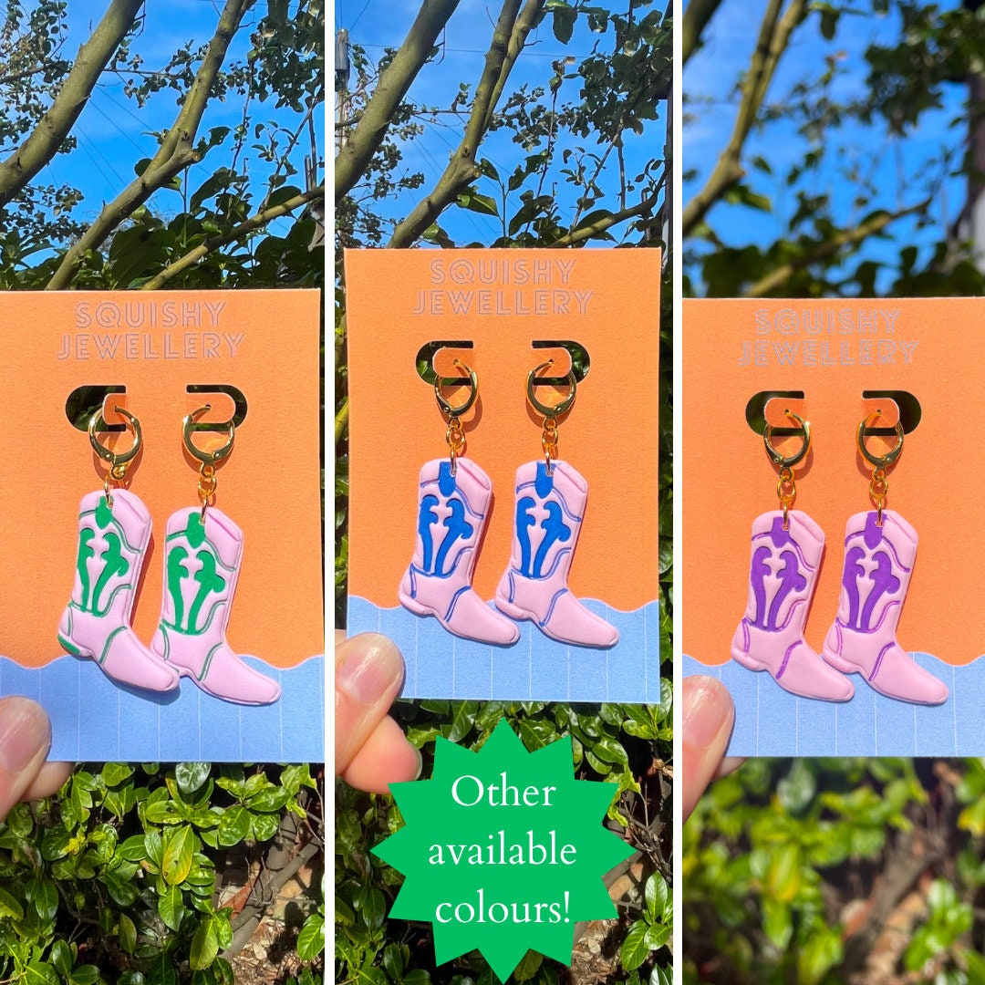 Pink & Red Cowboy Boot Retro Kitsch Mid Western Barbie Polymer Clay Handpainted Chappell Roan Camp Queer Huggie Hoop Earrings