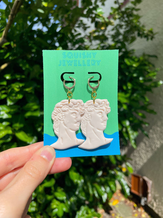White Marble Effect Greek Sculpture Bust Vaporwave Polymer Clay Huggie Hoop Kitsch Historical Ancient Earrings