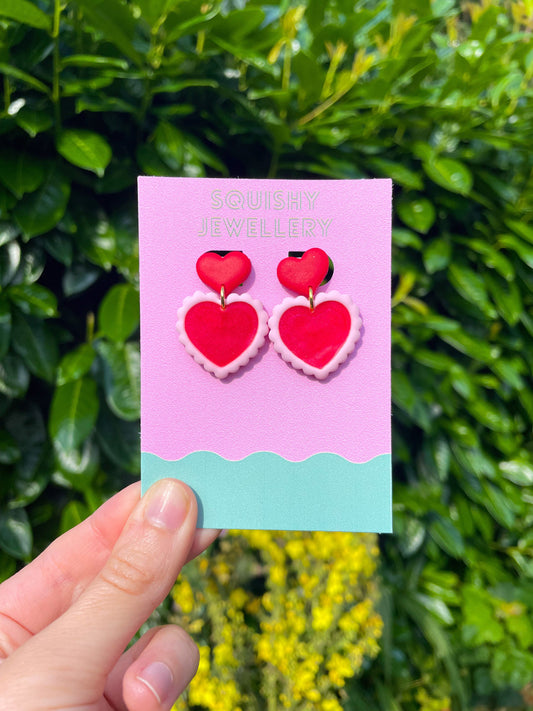 Red & Pink Frilly Heart Valentines Day Kitsch Coquette Stud Barbiecore Earrings