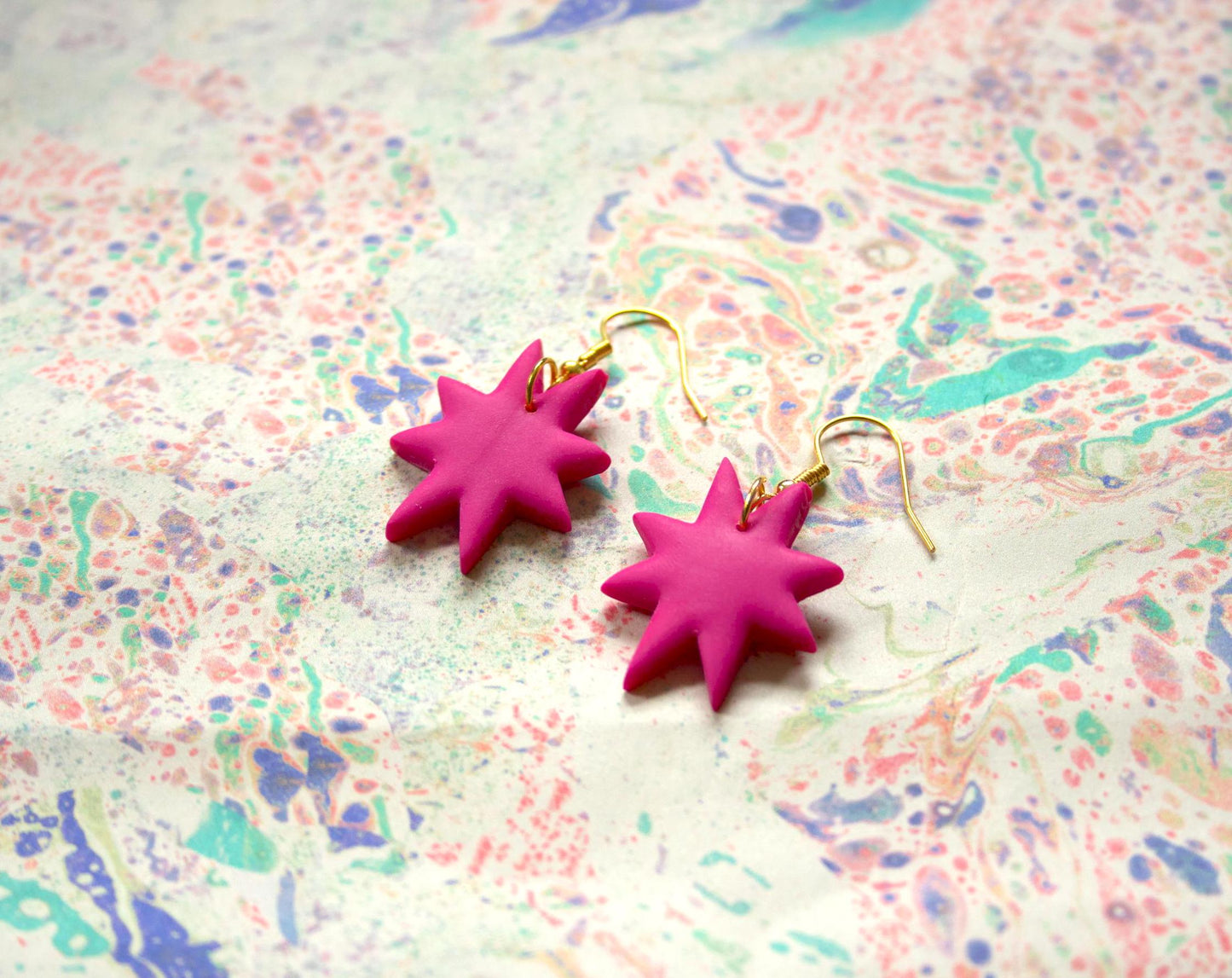 Pink 8 Pointed Star Geometric Polymer Clay Raspberry Kitsch Drop Hook Summer Gold Plated Cute Gift For Her Minimalist Earrings