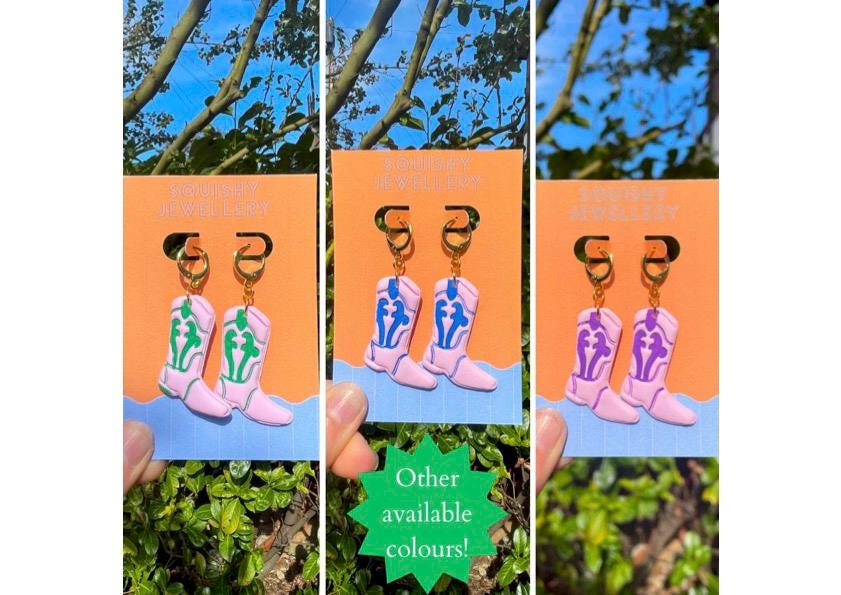 Pink & Blue Cowboy Boot Retro Kitsch Western Barbie Polymer Clay Country Chappell Roan Handpainted Huggie Hoop Earrings