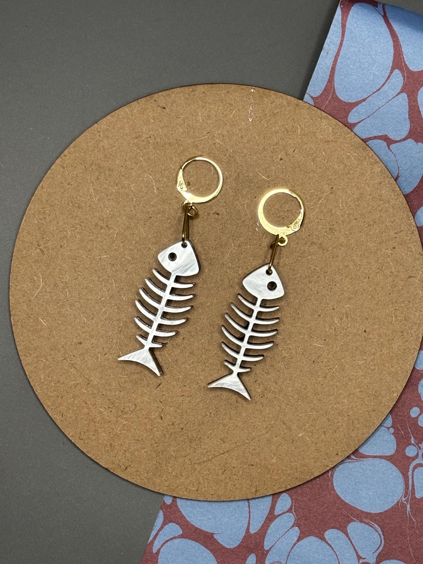 Fish Bone Earrings – Pearlescent Cat Lover Gift Alternative Statement Jewellery Spooky Cute Style, Y2K Aesthetic