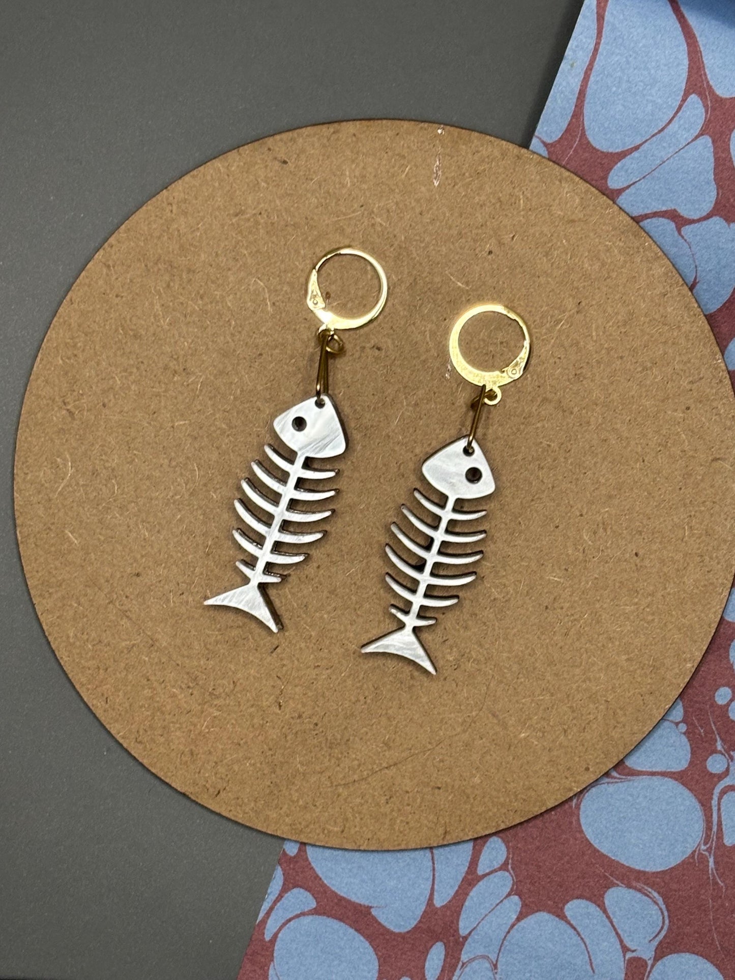 Fish Bone Earrings – Pearlescent Cat Lover Gift Alternative Statement Jewellery Spooky Cute Style, Y2K Aesthetic