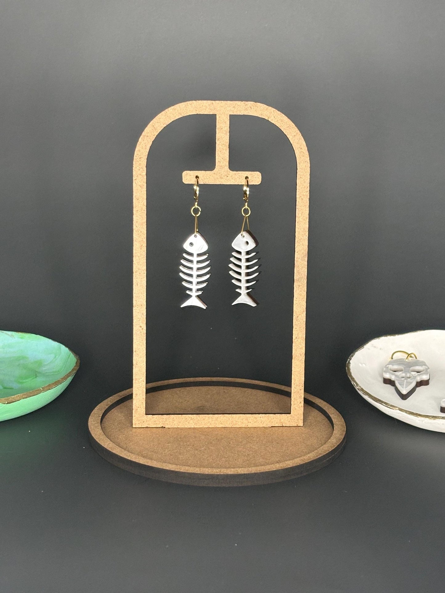 Fish Bone Earrings – Pearlescent Cat Lover Gift Alternative Statement Jewellery Spooky Cute Style, Y2K Aesthetic