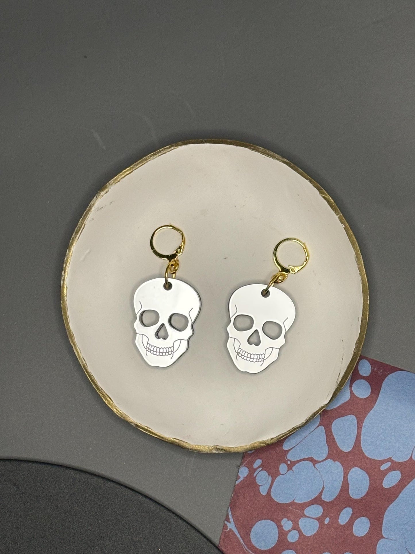 White Skull Earrings Gothic Huggie Hoop Shimmery Acrylic Occult Witchy Jewellery Dark Academia Accessories Gold Plated Skull
