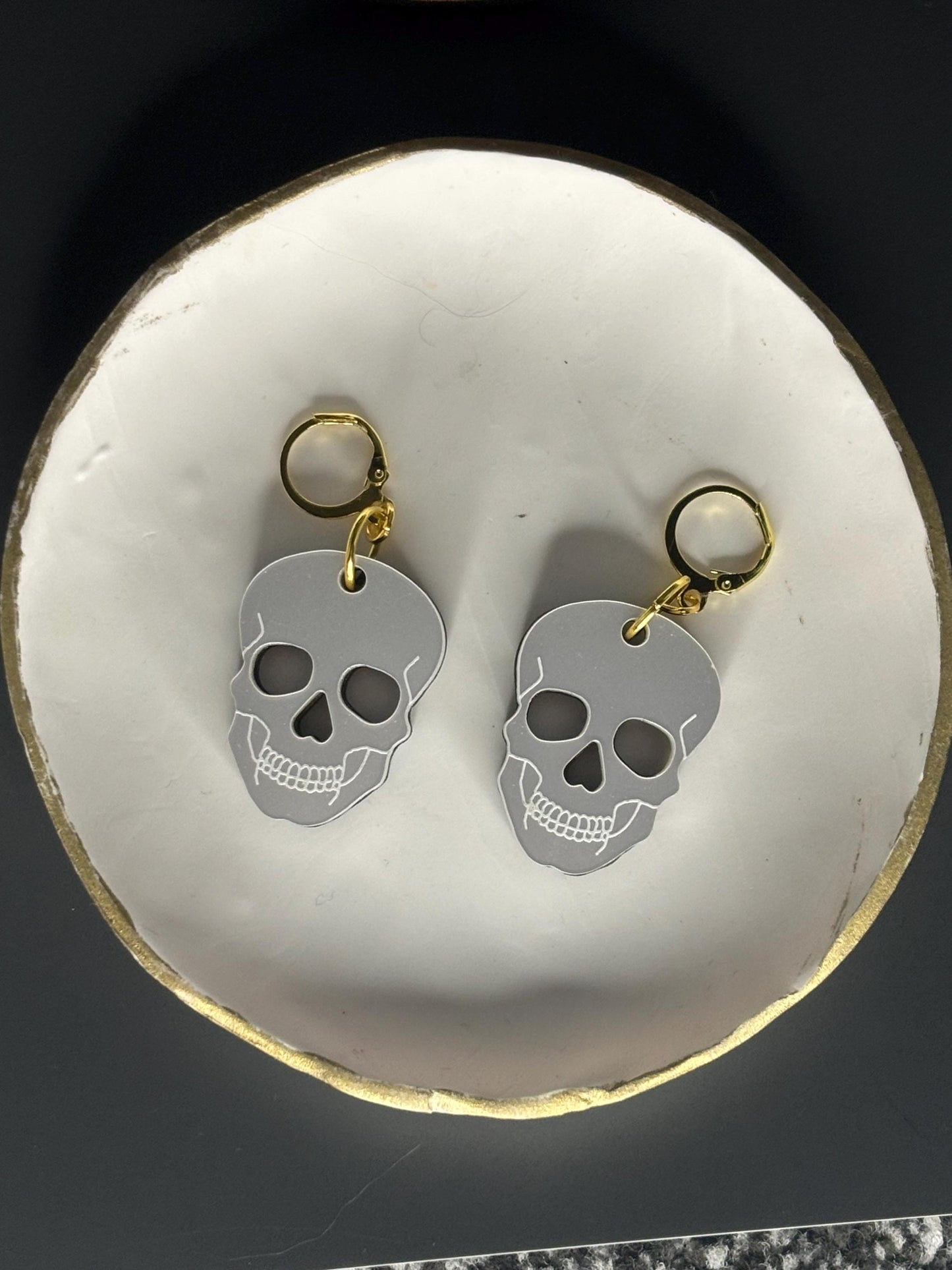 White Skull Earrings Gothic Huggie Hoop Shimmery Acrylic Occult Witchy Jewellery Dark Academia Accessories Gold Plated Skull